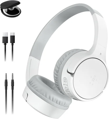 Belkin SoundForm - Miniauriculares inalámbricos para niños con micrófono incorporado, 30 horas de reproducción, pegatinas divertidas y estuche -