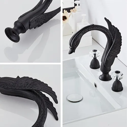 Miniatura 4 de Grifo de Lavabo Estilo Cisne Ornamentado Dorado Negro Combo para Baño con Montaje en Cubierta Conjunto de Grifo Mezclador para Lavabo Agua Caliente