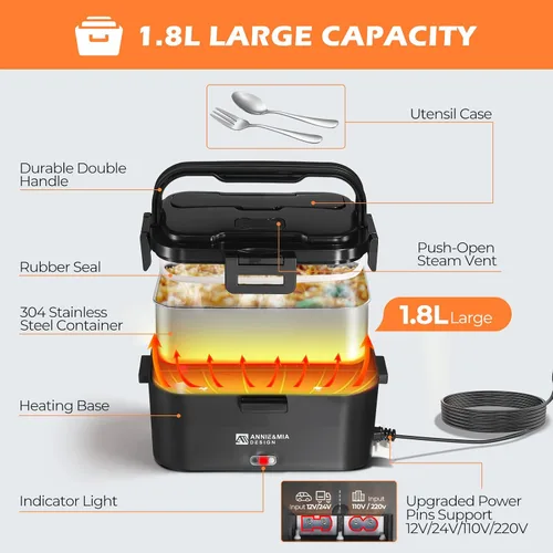 Miniatura 5 de Annie & Mia Design Fiambrera eléctrica para adultos, 100 W, 1.8 L, calentador de alimentos portátil para hombres, lonchera térmica para adultos
