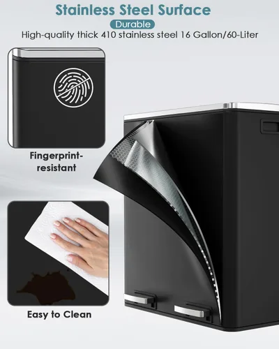 Miniatura 5 de Cubo de basura doble de 60 L (16 galones), cubo de basura de cocina de acero inoxidable, cubo de basura clasificado de doble compartimento, cubo