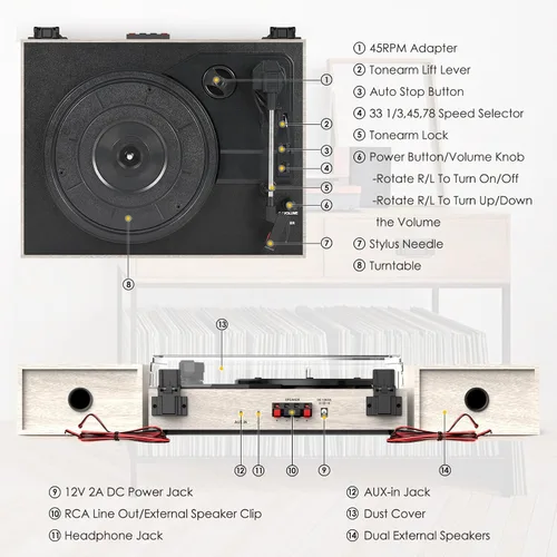 Miniatura 3 de Tocadiscos para vinilos con altavoces externos, transmisión por correa, tocadiscos retro para discos de vinilo, altavoces estéreo duales, Madera