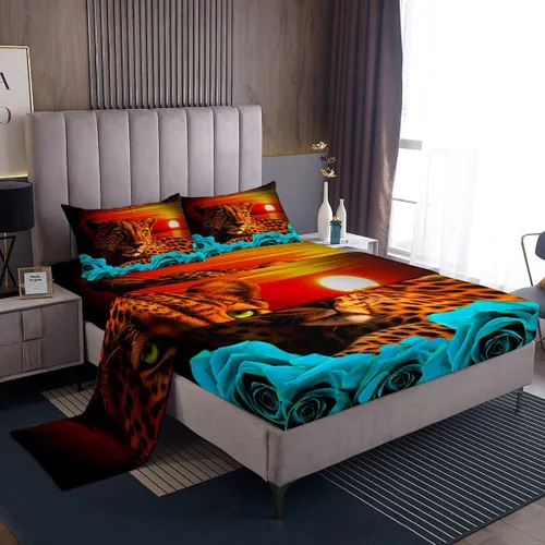 Miniatura 46 de Erosebridal Sábanas de cama de guepardo con rosa roja, juego de sábanas de bolsillo profundo con estampado de leopardo y gato, sábana bajera