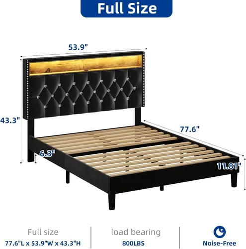 Miniatura 2 de HOMBCK - Base de cama de tamaño matrimonial con estación de carga y cabecera de almacenamiento, marco de cama tapizado de terciopelo con luces LED
