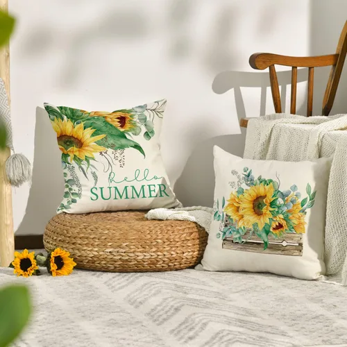 Miniatura 3 de AVOIN colorlife Juego de 4 fundas de almohada con diseño de girasol en acuarela, 16 x 16 pulgadas, con hojas de eucalipto, para verano, fiestas