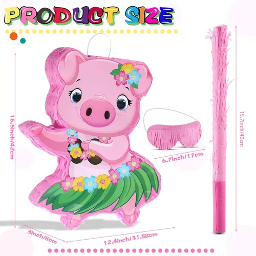 Miniatura 2 de Threan Piñata de cerdo pequeño, Aloha Luau, decoraciones de fiesta, piñata de cerdo rosa con palo para los ojos vendados, suministros de fiesta