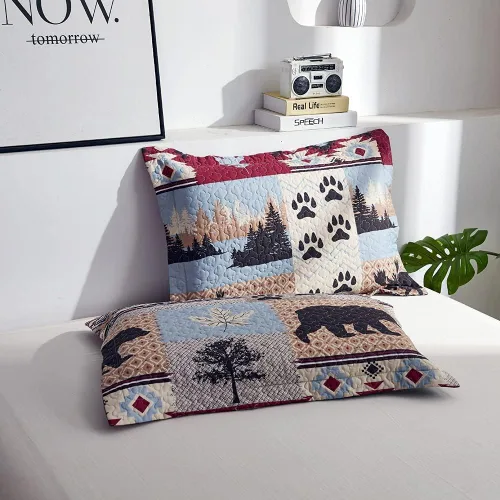 Miniatura 3 de CHESITY Juego de edredón rústico de tamaño individual, juego de ropa de cama de cabaña de alce y oso, colcha cosida, juego de cama reversible