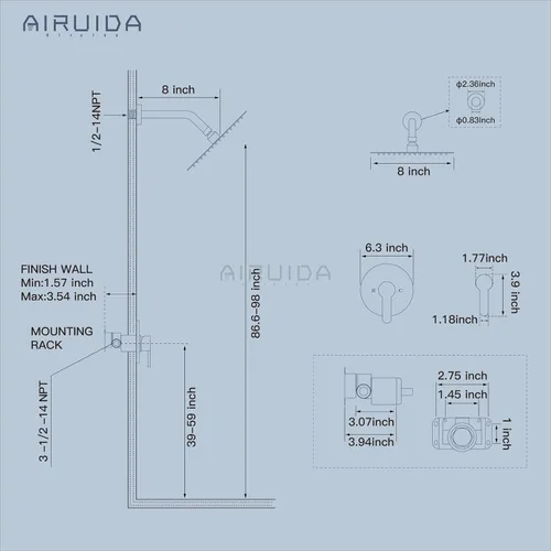 Miniatura 6 de Airuida Juego de grifo de ducha, cabezal de ducha redondo de 8 pulgadas, SUS304 de acero inoxidable de un solo mango, sistema de baño de montaje