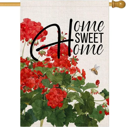 Bandera de geranio para casa de primavera y verano, arpillera de doble cara, abejas florales rojas con cita para el hogar, bandera decorativa para