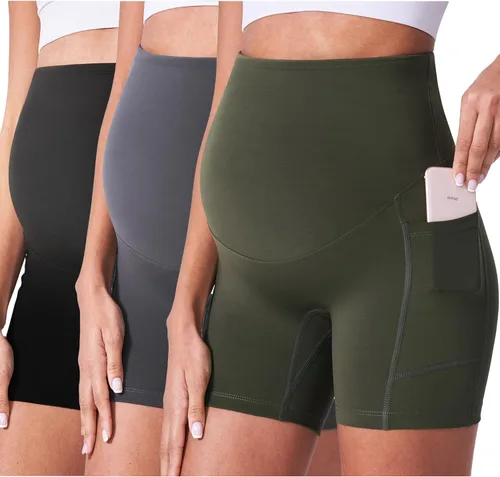 POSHDIVAH Paquete de 3 pantalones cortos de maternidad sobre el vientre, cómodos para embarazo, yoga, entrenamiento activo, pantalones cortos