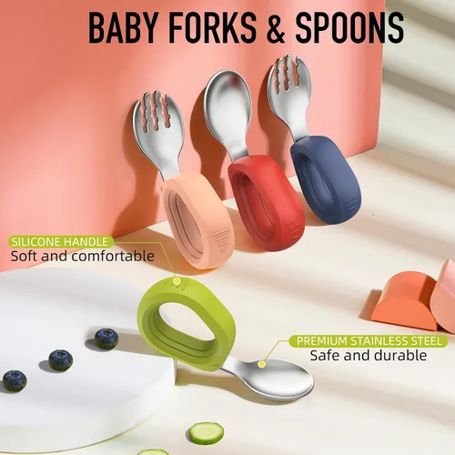 Miniatura 2 de Juego de utensilios para niños pequeños, tenedor y cuchara para bebés con mango de silicona de fácil agarre, cubiertos de acero inoxidable 18/8