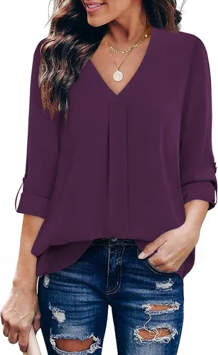 Miniatura 23 de Youtalia Blusas para mujer, elegantes, informales, de negocios, manga 3/4, de gasa, cuello en V, camisas de trabajo y oficina