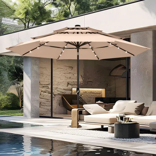 Miniatura 14 de PHI VILLA - Sombrillas de patio de 9 pies con 24 luces LED solares, sombrilla iluminada para mesa de mercado al aire libre con 8 varillas de acero