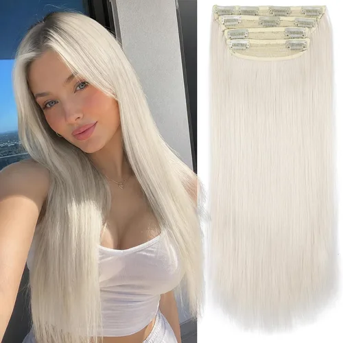 Miniatura 21 de Extensiones de cabello sintético con pinzas, largas y lacias, gruesas, extensiones de cabello natural de fibra de color rubio 613 de doble trama, 20