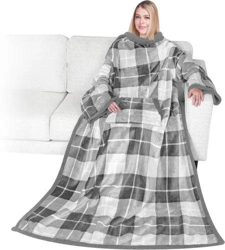 Miniatura 26 de PAVILIA Manta Sherpa Vestible con Mangas y Bolsillo, Manta Corporal Envolvente Gruesa de Felpa Acogedora para Adultos Mujeres Hombres, Regalo