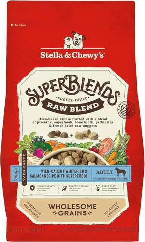 Stella & Chewy's SuperBlends - Mezcla cruda con granos sanos, receta de pescado blanco y salmón capturados en la naturaleza con superalimentos,