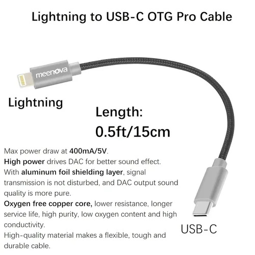 Miniatura 3 de Cable USB C DAC OTG de 0.5 pies para iPhone13/iPad8/iPod, núcleo de cobre sin oxígeno, iOS15 a tipo C macho adaptador para amplificador, Fiio BTR 5