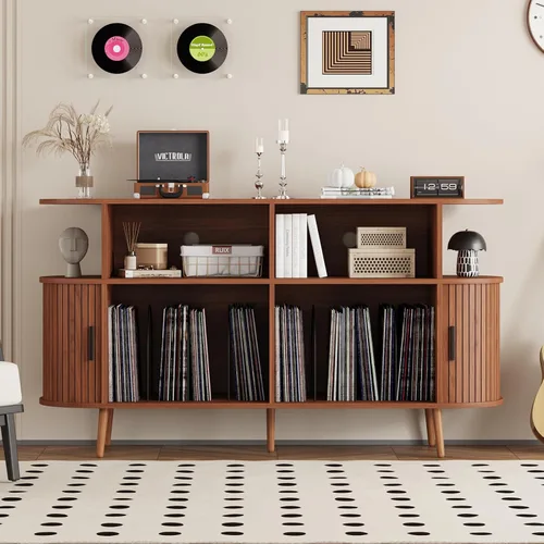 Miniatura 12 de Soporte para tocadiscos de 35.4 pulgadas con almacenamiento, gabinete de almacenamiento de discos de vinilo y consola multimedia con capacidad