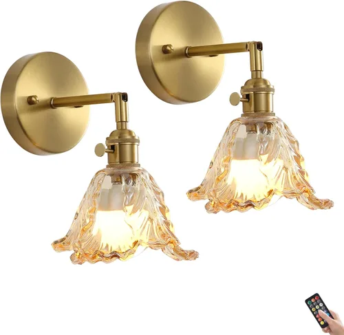 Miniatura 14 de Paquete de 2 apliques de pared dorados con modernas pantallas de vidrio ámbar, accesorios modernos de luz de pared de tocador de baño de mediados