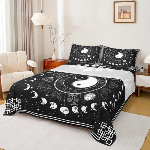 Miniatura 33 de Erosebridal Juego de sábanas tamaño individual con estampado de luna, diseño de flores de loto, color morado degradado, juego de sábanas orientales