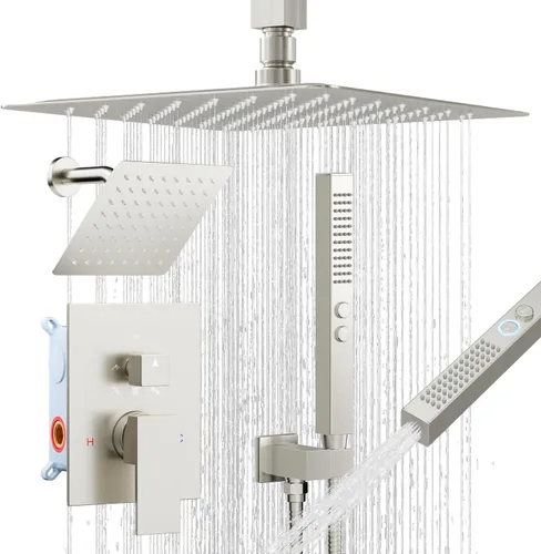 Miniatura 8 de Sistema de ducha dorado cepillado, grifo de ducha de cinco funciones, perilla desviadora de lluvia con 2 en 1 de mano, montaje de techo de 10
