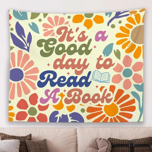 Miniatura 13 de MNASAIOO Tapiz de pared para colgar en el aula con texto en inglés "It's A Good Day to Read A Book", tapiz de pared para niños, amantes