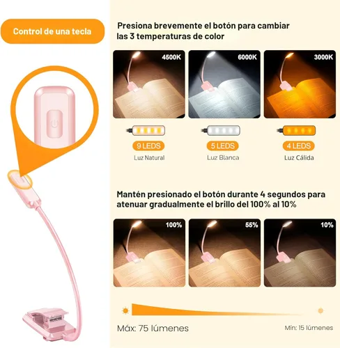 Miniatura 3 de Gritin Luz de Lectura Recargable de 9 LED para Leer en la Cama - Cuidado de los Ojos 3 Temperaturas de Color, Brillo de Atenuación Continua, 80