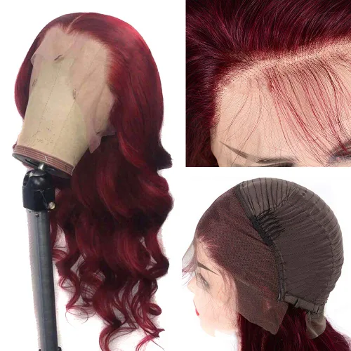 Miniatura 8 de Peluca de color burdeos 99J invisible falso cuero cabelludo encaje frontal pelucas de cabello humano brasileño Remy línea capilar natural 13x4 parte