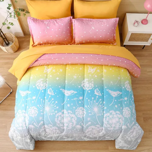 Miniatura 24 de Dinjoy Juego de edredón para niñas, tamaño individual, colorido, azul, rosa, morado, arcoíris, juego de ropa de cama de 6 piezas en una bolsa