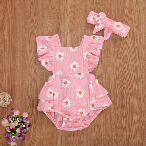 Miniatura 2 de Bebé Niñas Impresión Margarita Algodón Lino Volantes Sin Mangas Mameluco Mono Mono con Headaband Ropa Infantil Verano