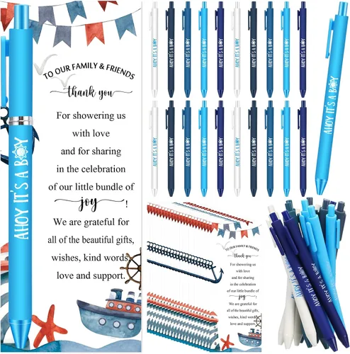 Miniatura 13 de Engrowtic Juego de 25 bolígrafos de regalo para baby shower para invitados con temática oceánica para baby shower, bolígrafos retráctiles
