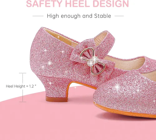 Miniatura 5 de Dufannie Zapatos de vestir para niñas, zapatos de tacón bajo de princesa, zapatos planos con purpurina para bodas y fiestas