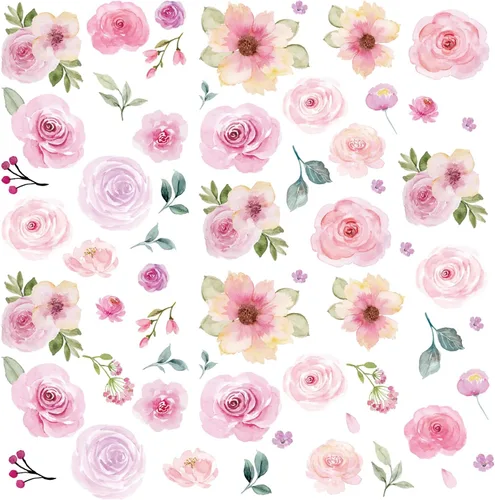 AOWDIAO 60 calcomanías de pared de flores para despegar y pegar, vinilo de acuarela, peonía floral y hojas, calcomanías de pared de flores pastel