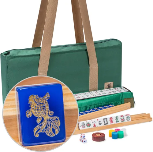 Miniatura 13 de Juegos de Mahjong Americano de Yellow Mountain Imports, Marea Azul - Estuche Blando Azul, 4 Soportes Todo-en-Uno con Empujadores, Monedas
