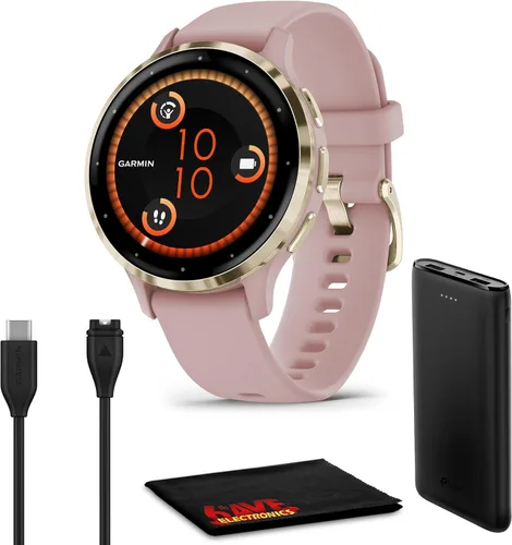 Garmin Venu 3S Advanced Fitness and Health Tracker Smart Watch Bisel de acero inoxidable dorado suave con caja de rosa polvo de silicona de 1.614 in