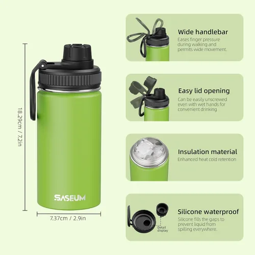 Miniatura 2 de SASEUM Botella de agua de acero inoxidable de 12 onzas, botella aislada sin BPA con tapa de boquilla a prueba de fugas, botella de metal de boca