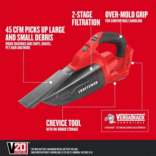 Miniatura 2 de CRAFTSMAN V20 Aspiradora de mano inalámbrica, 45 CFM, Sistema de filtración de 2 etapas con filtro, solo herramienta (CMCVH001B)
