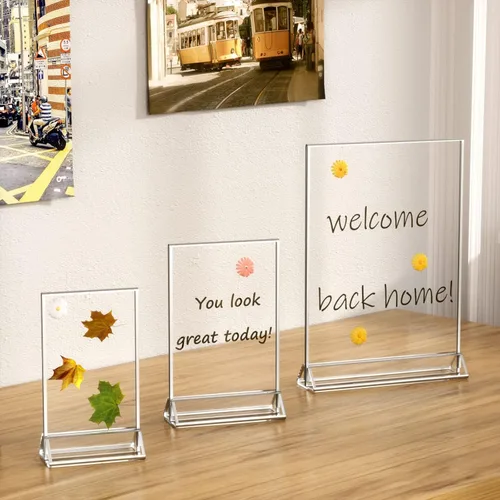 Miniatura 8 de NIUBEE Paquete de 6 soportes de acrílico transparente de 4 x 6 pulgadas con bordes plateados y soporte vertical, soportes de menú de mesa de doble
