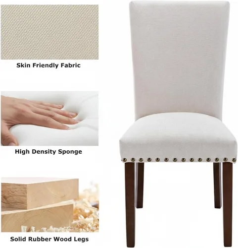 Miniatura 3 de Juego de 2 sillas tapizadas color beige para comedor – Sillas de cocina estilo granja con respaldo alto, patas de caucho sólido, asiento de espuma