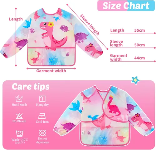 Miniatura 7 de WERNNSAI Bata de arte para niños impermeable con manga larga y 3 bolsillos de pintura Dinosaurio B001