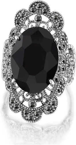 Mytys Anillo retro vintage de cóctel con marcasita negra y cristales para mujer, anillo de plata antigua con piedra de ónix negro grande