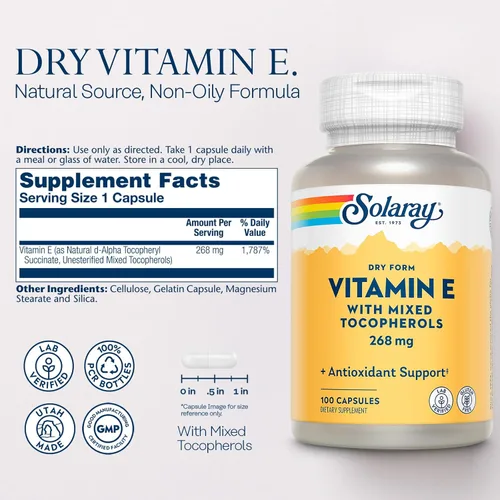 Miniatura 2 de SOLARAY Vitamina E 400 UI (268 mg), forma seca - Fuente natural, tocoferoles mixtos vitamina E - Suplemento antioxidante, PMS y apoyo