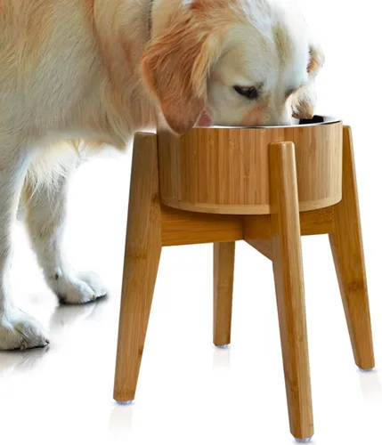 Cuencos elevados para perros para razas grandes, soporte elevado de bambú (15 pulgadas de alto) con plato de acero inoxidable, adecuado para