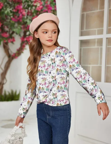 Miniatura 3 de Arshiner Sudadera ligera casual con nudo frontal para niñas, con estampado de teñido anudado, manga larga