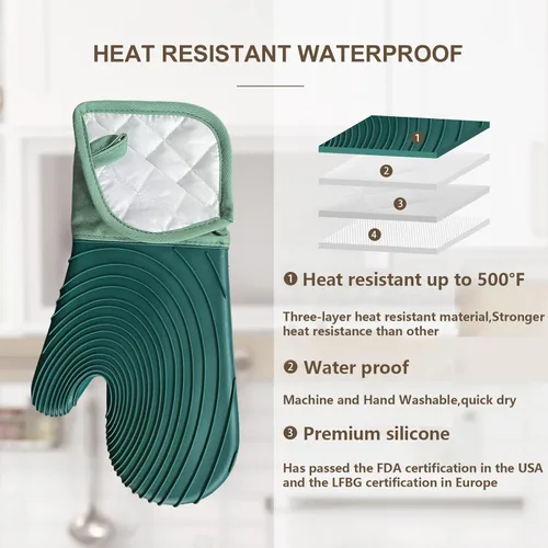 Miniatura 3 de Manoplas de horno de silicona, resistentes al calor, 500 °F, agarre duradero, antideslizante, manoplas de horno para cocina, resistentes al calor