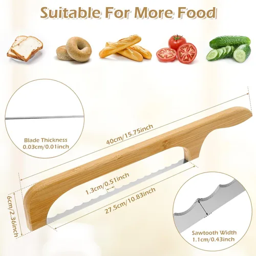 Miniatura 4 de Cuchillo de lazo de pan, rebanador de pan para pan casero, cortador de masa madre dentada de 15.7 pulgadas para bagels y baguettes, cuchillo de pan