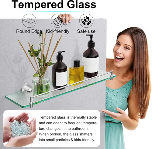 Miniatura 6 de Estantes de vidrio de 20 pulgadas para baño, estante de vidrio flotante de níquel cepillado, estantes de baño de vidrio templado de acero inoxidable
