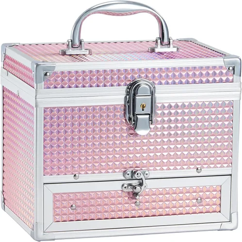 Hododou Joyero organizador para niñas con cajón y espejo estuche de almacenamiento con cerradura estilo rosa brillante para niños o niñas pequeñas