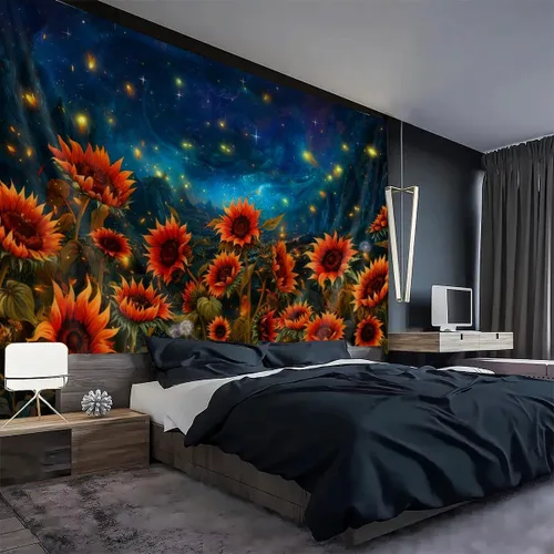Miniatura 2 de FENDROM Tapiz de paisaje de girasoles, galaxia, luna, estrellas, paisaje, arte de pared, decoración de pared natural para dormitorio, sala de estar