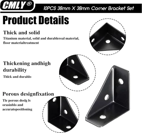 Miniatura 2 de CMLY Soportes de Esquina, 10Pcs 38mm x 38mm, Acero Negro, Soportes de Estante Triangular, Conectores de Esquina para Escritorio de Madera, Metal