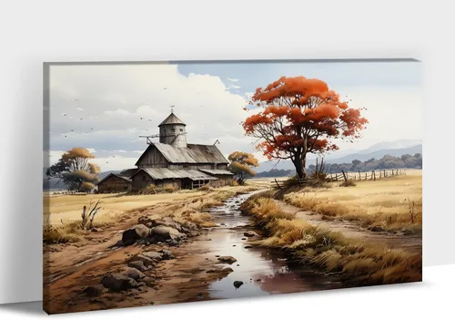 Miniatura 38 de Arte de pared con estampado de granero blanco de granja, granero y vaca, arte de pared con imágenes de granero blanco, cuadros rústicos de campo
